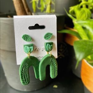 Handmade polymer clay green arch and leaf earrings